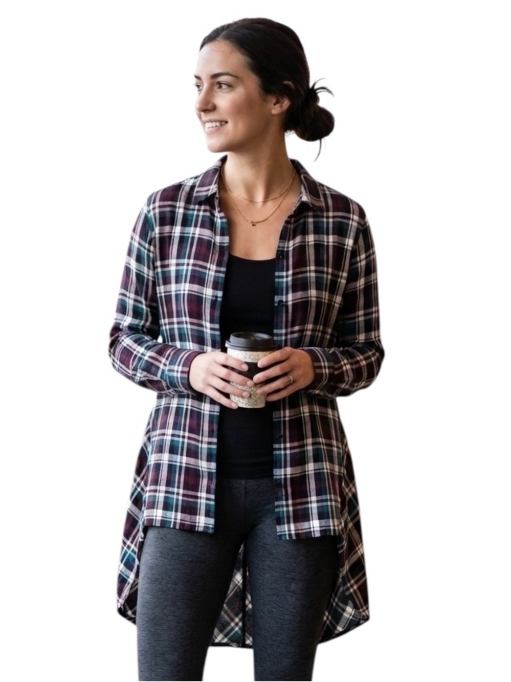 Cato Plaid High Low Tunic Shirt Asymmetric Longline Blouse Teal Maroon Size L